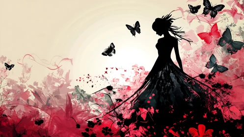 Silhouette of woman with butterflies and floral bursts.