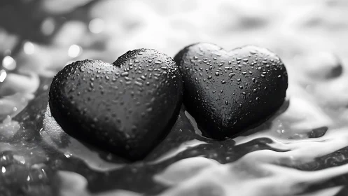Twin Hearts Glistening Against Monochromatic Water Spray.