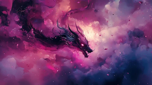 Celestial void dragon emerging through glowing violet storm.