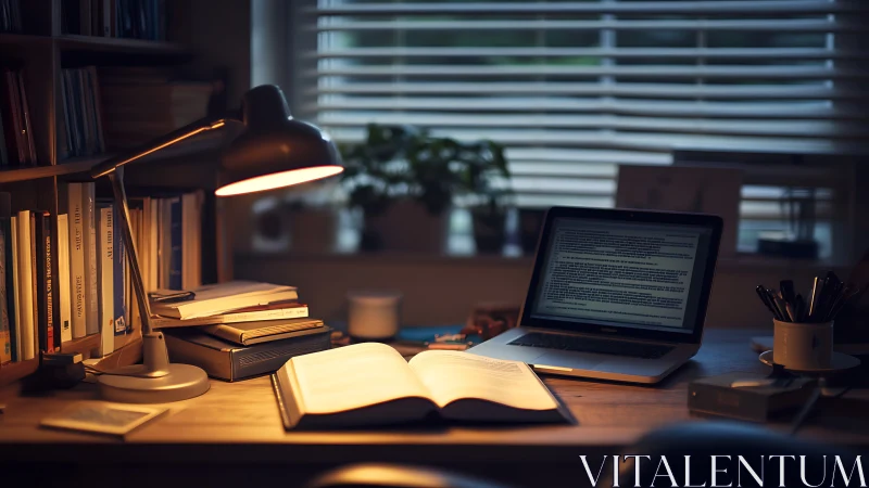 Warm desk workspace with laptop and open research book.