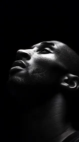 High-contrast chiaroscuro portrait in deep negative space.