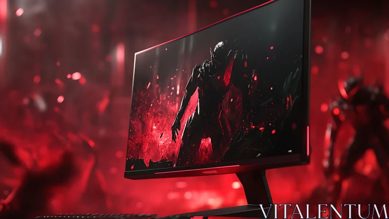 Gaming monitor glows with red sci‑fi battle scene displayed.