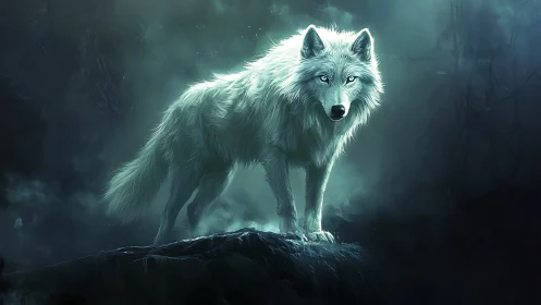 Moonlit spirit wolf guards the mist-draped forest edge.