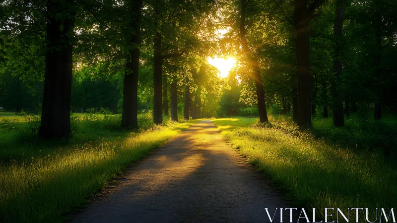 Sunlit forest lane where evening light quietly lingers.
