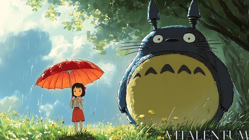 Child with umbrella beside large forest creature in rain.