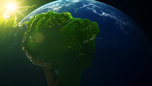 South America on Earth from space with bright sunrise glow.