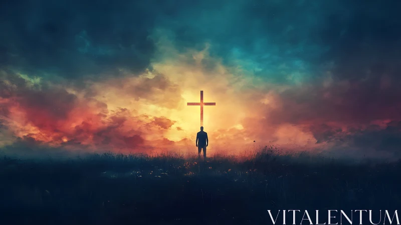 Solitary figure stands before glowing cross at stormy sunrise