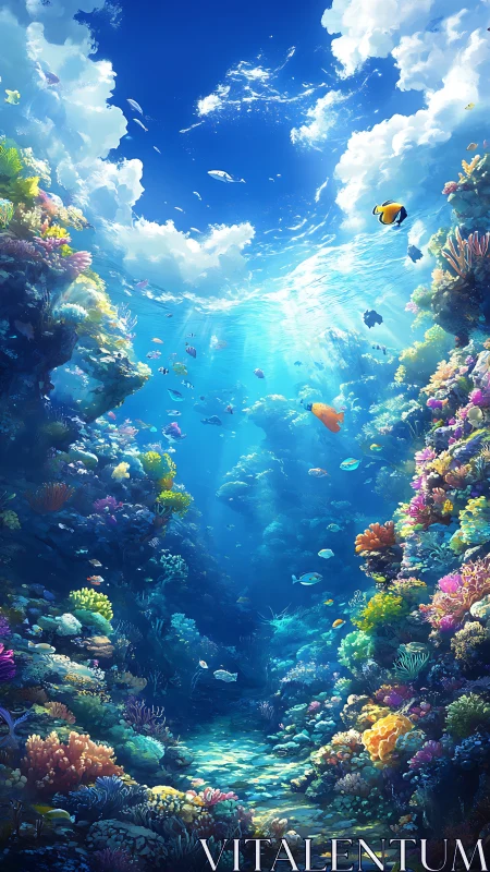 Sunlit coral reef canyon with diverse tropical marine life.