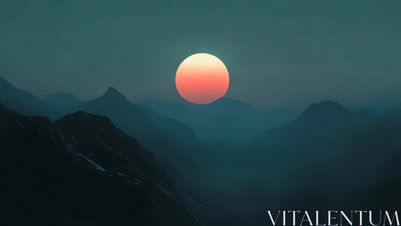 Neon sun suspended above misty teal mountain range.