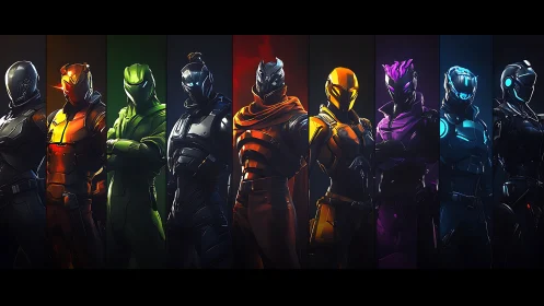 Lineup of futuristic armored heroes in vivid neon colors.
