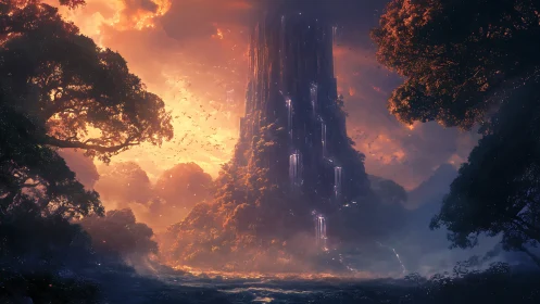 Towering bioluminescent spire in twilight forest realm.