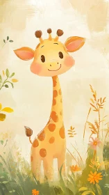 Smiling cartoon giraffe standing in a soft floral meadow.