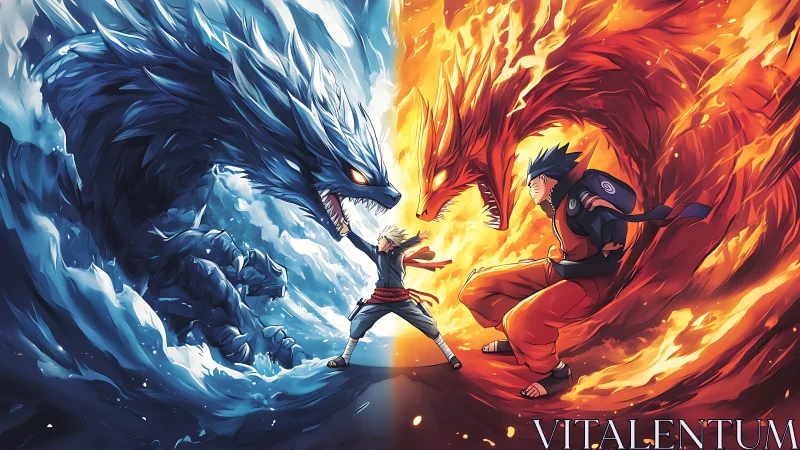 Elemental warriors confront opposing dragon spirits in battle