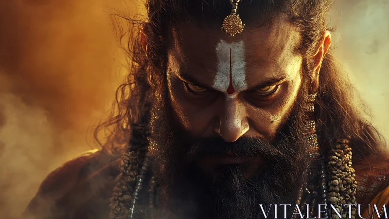 Intense holy man portrait with fierce golden gaze and ash marks.