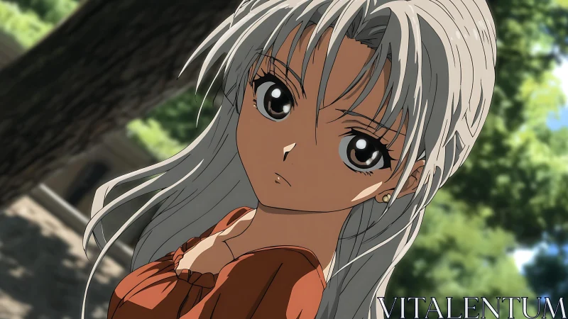 Silver haired anime girl gazes softly in sunlit park