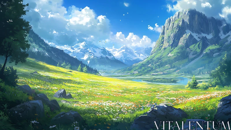 Sunlit alpine meadow opens toward bright snowcapped peaks