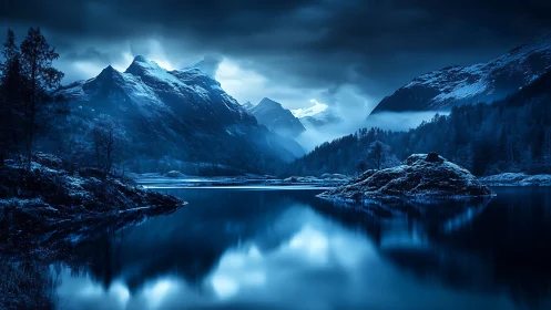 Nocturnal glacial valley with monochrome cyan atmospheric bloom.