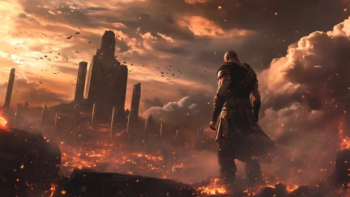 Armored warrior overlooking volcanic citadel at burning dusk