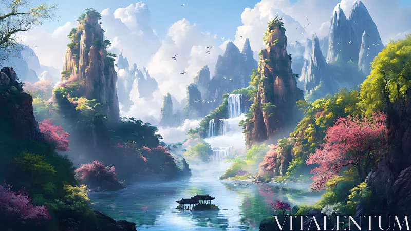 Serene mountain lake with waterfalls and distant peaks.