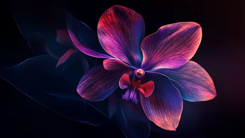 Neon orchid glows against deep black gradient background.