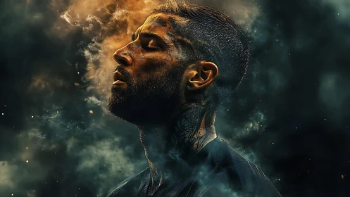 Calm warrior exhales through swirling embers and smoke.