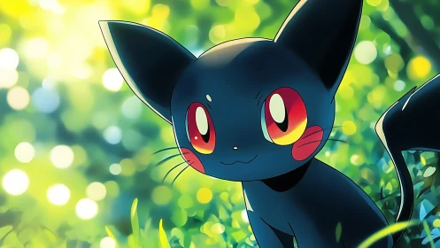 Bright-eyed stylized black cat in luminous forest bokeh.