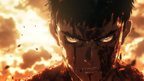Bloody anime warrior stares forward against burning sky
