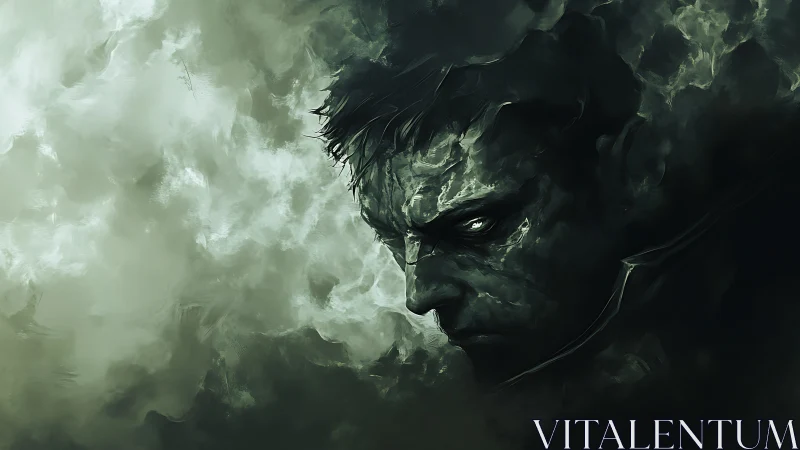 Monochrome spectral warrior emerges from turbulent digital mist