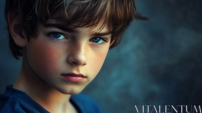 Young boy with striking blue eyes in atmospheric portrait.