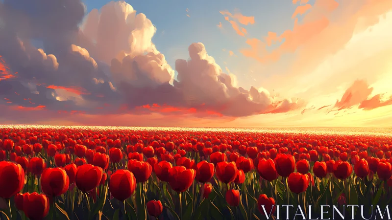 Red tulip field under dramatic sunset sky with clouds.