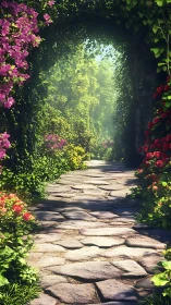 Sunlit stone garden path leads into a lush secret archway