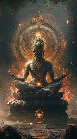 Mythic bronze yogi before flaming mandala vortex portal