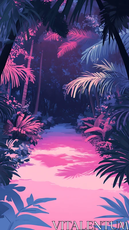 Neon Jungle Pathway Through Glowing Flora.