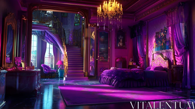 Lavish purple bedroom interior with staircase and chandelier.