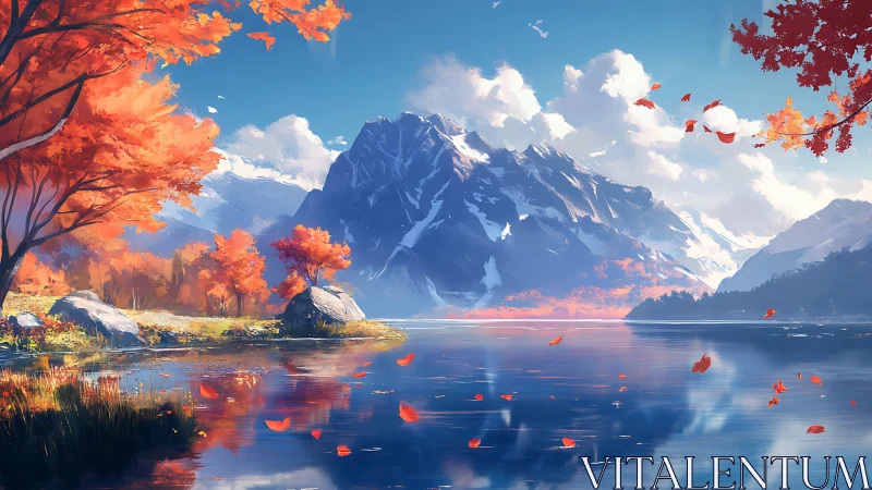 Crimson autumn trees mirroring over serene alpine lake.