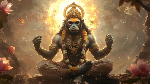 Mythic simian deity in lotus pose with radiant halo backlighting