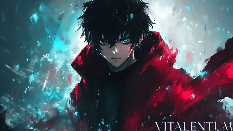 Digital painting portrait with volatile neon-red energy field.