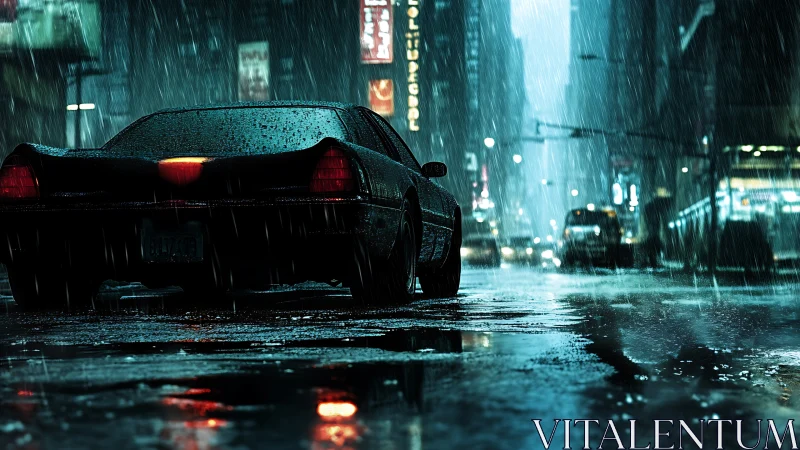 Midnight sedan waits in neon‑lit rain on empty city street