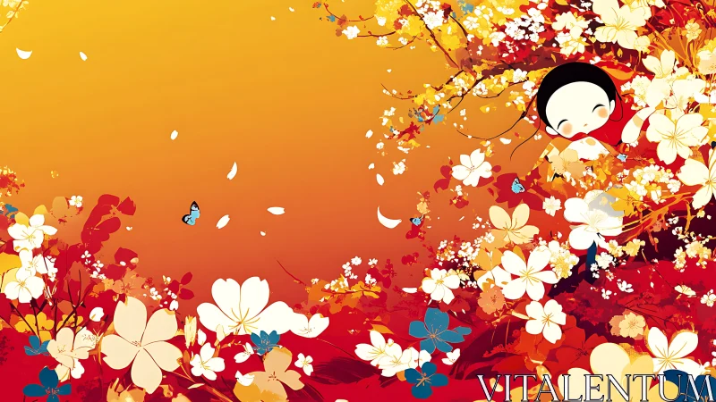 Child peers through autumn blossoms under warm gradient sky