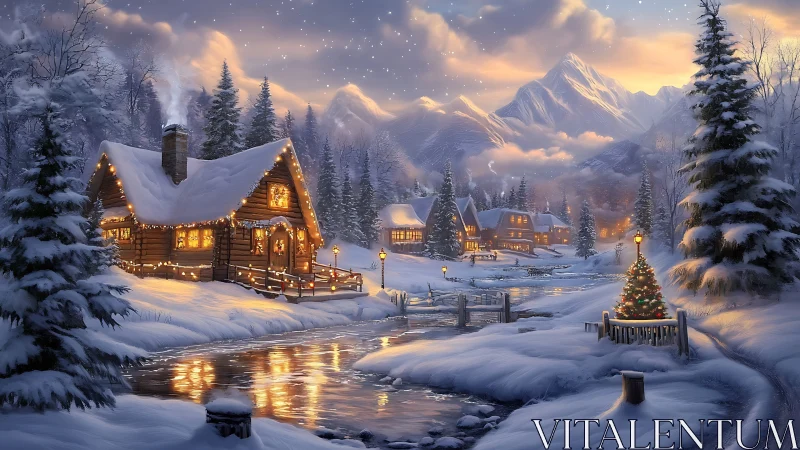 Snowy alpine village with glowing cabins at dusk.