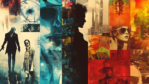 Fragmented neon noir silhouettes construct a cinematic triptych