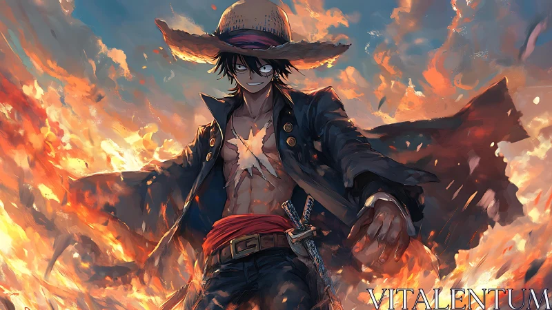 Fiery anime swordsman strides through swirling flames.