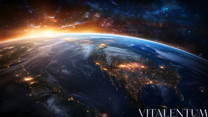 Earth from space with sunrise over North America viewed.