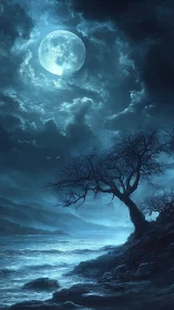 Moonlit shoreline with twisted tree under storm clouds