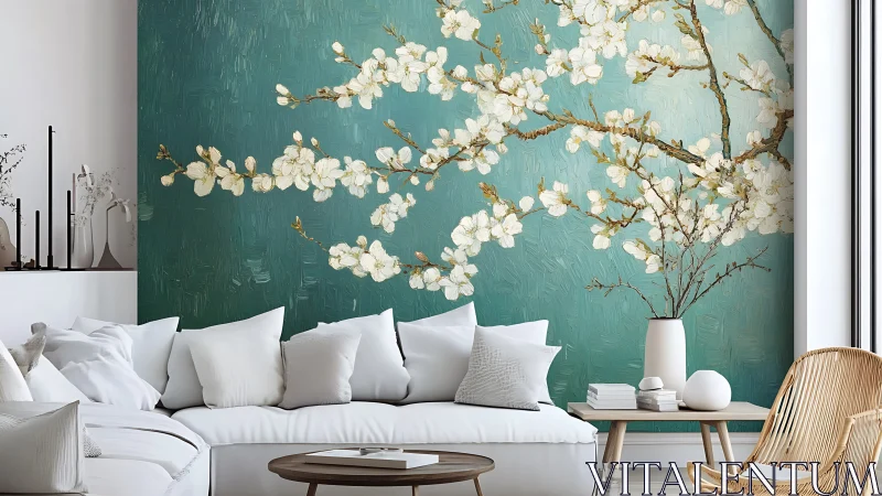 Large teal blossom mural anchors serene minimalist lounge