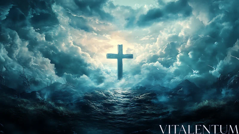 Lone cross over stormy ocean beneath dense glowing clouds.