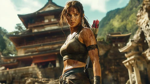 Mud covered adventurer stands before tiered temple building