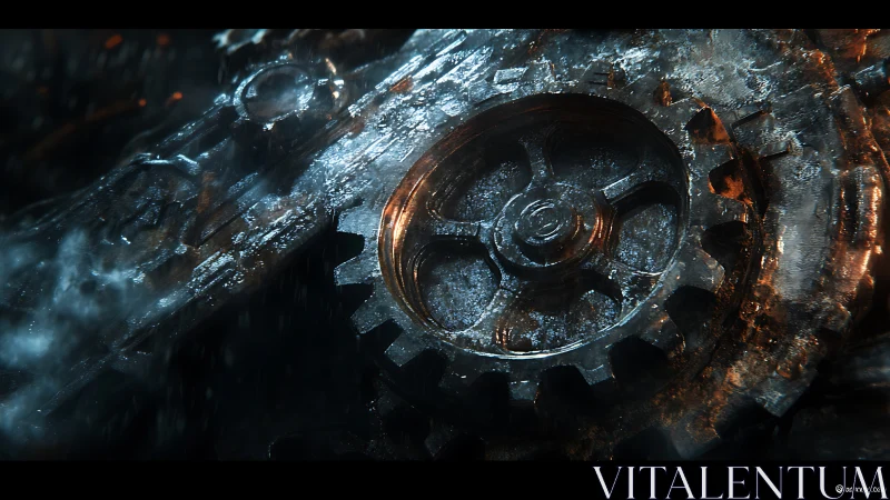 Rust kissed cogs grind through frost lit industrial twilight