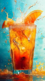 Orange Beverage Explosion Against Turquoise Sky.