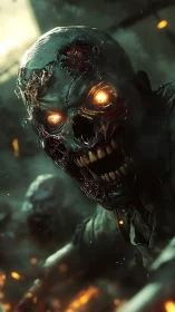 Decayed humanoid figure with glowing eyes in dense smoke.